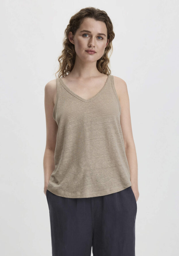 hessnatur Damen Jersey Top Regular aus Leinen und Bio-Baumwolle - beige - Größe 46