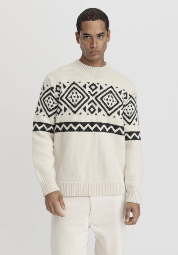 hessnatur Herren Pullover Jacquard aus Schurwolle - natur - Größe 52