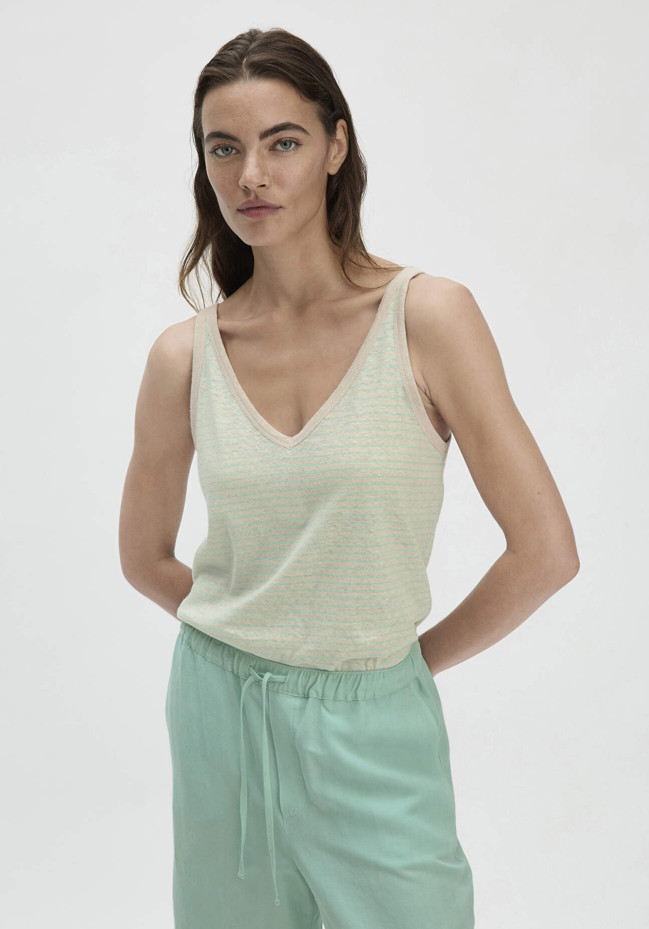 hessnatur Damen Streifen Jersey Top Regular aus Leinen und Bio-Baumwolle - beige - Größe 44