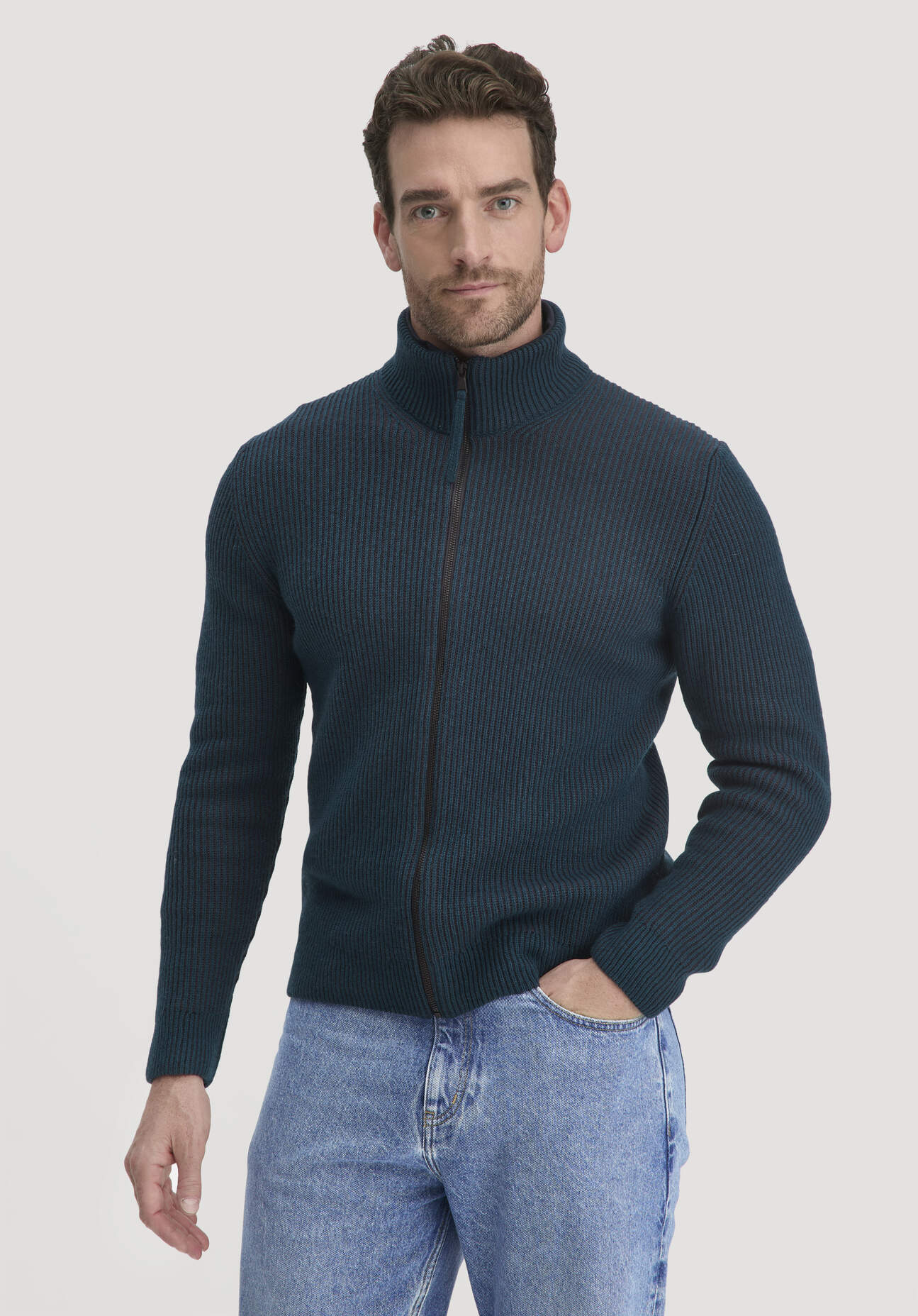 hessnatur Herren Strick Jacke Regular aus Bio-Baumwolle mit Bio-Merinowolle - blau - Größe L