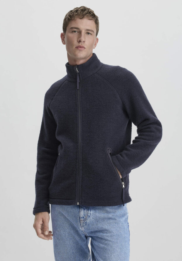 hessnatur Herren Wollfleece Jacke Regular aus Bio-Merinowolle - blau - Größe 48