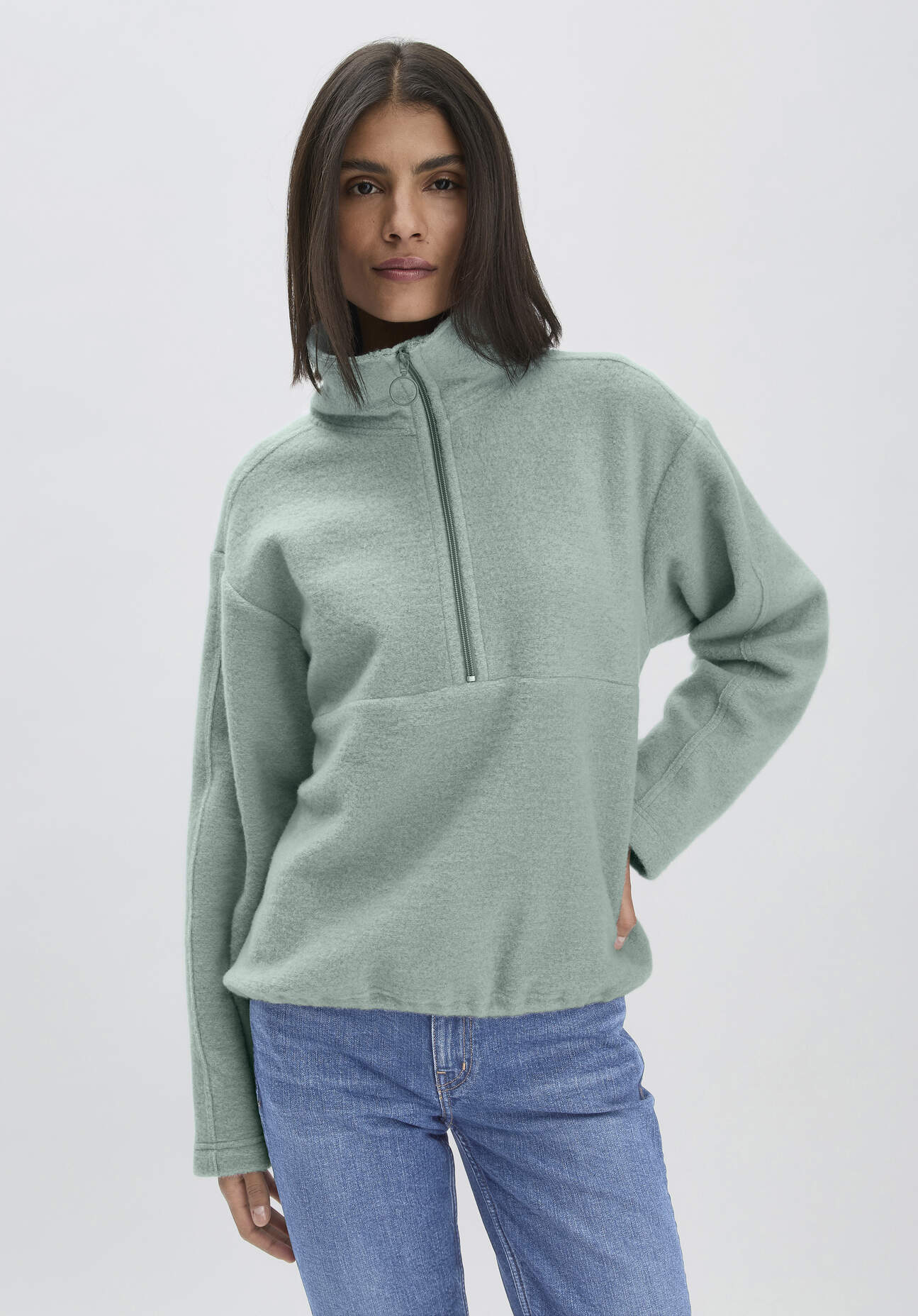 hessnatur Damen Wollfleece Troyer Relaxed aus Bio-Merinowolle mit Bio-Baumwolle - grün - Größe XS